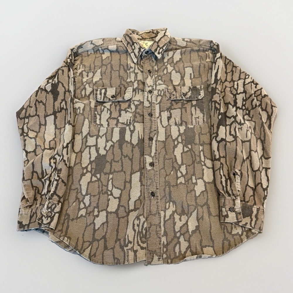 Vintage Duck Bay Trebark Camo Hunting Long Sleeve Button Flannel Mens Large USA